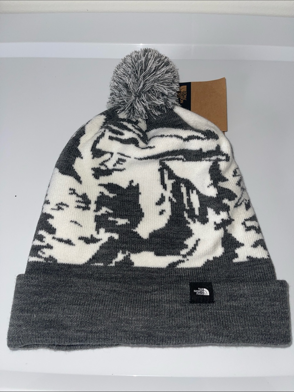 The North Face Gray & White Patterned Pom Beanie